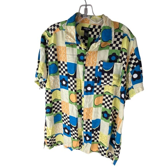 RSQ Geometric Retro Shirt Men's M 90s Rayon Short Sleeve Button Up Relaxed Fit - Picture 2 of 6